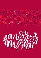 Texto escandinavo alegre e brilhante da rotulação da caligrafia do vetor do Natal no projeto de cartão vermelho. Ilustração tirada mão do Xmas com fundo floral da textura. Objetos isolados