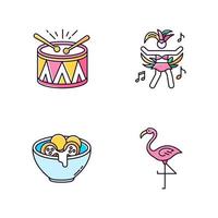 Conjunto de ícones de cores rgb rosa carnaval brasileiro. música tradicional. Bolinho de arroz. desfile festivo de tambores. festival nacional. flamingo. pão de queijo. samba. cozinha local. ilustrações vetoriais isoladas vetor