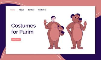 trajes para conjunto de modelos de vetor de página de destino de Purim. ideia de interface de site de roupas de férias com ilustrações planas. layout da página inicial de fantasias de animais. banner da web de terno de urso, conceito de desenho de página da web