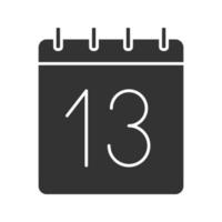 ícone de glifo do décimo terceiro dia do mês. símbolo de silhueta de data. calendário de parede com 13 cartazes. espaço negativo. ilustração isolada do vetor