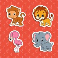 conjunto de adesivos de cores brilhantes. leão laranja. macaco marrom. flamingo rosa. elefante cinza. personagens de desenhos animados bonitos. ilustração vetorial isolada na cor de fundo. animais selvagens. vetor