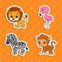 conjunto de adesivos de cores brilhantes. leão laranja. macaco marrom. zebra feliz. flamingo rosa. personagens de desenhos animados bonitos. ilustração vetorial isolada na cor de fundo. animais selvagens. vetor