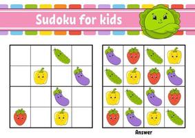 sudoku para crianças. planilha de desenvolvimento educacional. vegetais, frutas. Personagem de desenho animado. página de atividades de cores. jogo de puzzle para crianças. treinamento de pensamento lógico. ilustração isolada do vetor. vetor