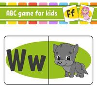 cartões flash abc. alfabeto para crianças. lobo animal. aprender letras. planilha de educação. página de atividades para estudar inglês. jogo de cores para crianças. ilustração isolada do vetor. estilo de desenho animado. vetor