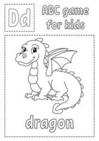a letra d é para dragão. jogo abc para crianças. página para colorir do alfabeto. Personagem de desenho animado. palavra e letra. ilustração vetorial. vetor
