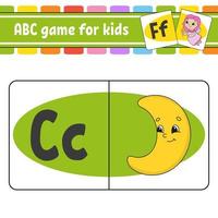 cartões flash abc. alfabeto para crianças. aprender letras. planilha de desenvolvimento educacional. página de atividades para estudar inglês. jogo para crianças. personagem engraçado. ilustração isolada do vetor. estilo de desenho animado. vetor