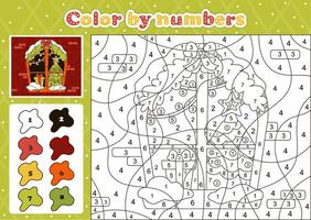 inverno temático coloração página de número para crianças com fofa decorado Natal janela, Natal árvore e presentes vetor