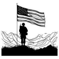 continuamente desenhando 1 Preto linha silhueta do soldado em pé às montanha com americano bandeira. feliz nacional memorial dia e veteranos dia com cópia de espaço para texto vetor ilustração
