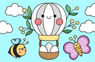 vetor kawaii Páscoa cena com quente ar balão e ovos dentro a céu. Primavera desenho animado ilustração. fofa cenário para crianças com borboleta e abelha