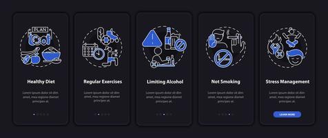 tela da página do aplicativo móvel de integração do tratamento da hipertensão. gerenciamento de estresse passo a passo 5 etapas instruções gráficas com conceitos. modelo de vetor ui, ux, gui com ilustrações de modo noturno linear