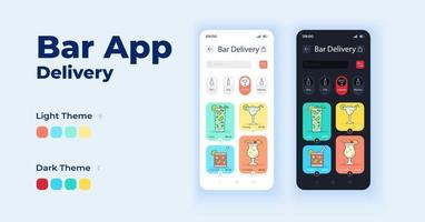 conjunto de modelos de vetor de interface de smartphone bar app cartoon. envio de bebidas alcoólicas. dia da página da tela do aplicativo móvel e design do modo escuro. ui do menu do pub para aplicação. tela do telefone com caráter plano