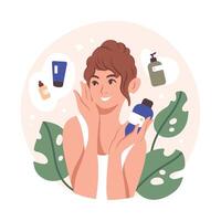 lindo mulher levando Cuidado do dela pele, face e corpo. eco-vegano cosméticos. natural pele Cuidado. conceito do ecológico estilo de vida e sustentável consumo. plano desenho animado vetor ilustração.