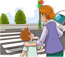 mãe ajudando dela filho para Cruz a estrada com tráfego claro. vetor ilustração.