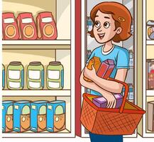 vetor ilustração do uma jovem mulher compras dentro uma mercearia loja.