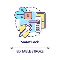 ícone do conceito de bloqueio inteligente. fechadura eletromecânica da porta ilustração de linha fina ideia abstrata. sistema de segurança sem fio. acesso domiciliar com telefone. desenho de cor de contorno isolado vetor. curso editável vetor