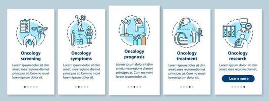 tela da página do aplicativo móvel onboarding da oncologia com conceitos. tratamento de doenças passo a passo instruções gráficas de cinco etapas. sintomas e prognóstico do câncer. modelo de vetor ui com ilustrações coloridas rgb