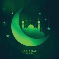 Greem Ramadã kareem brilhante fundo com lua e mesquita vetor