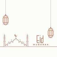 linha estilo eid Mubarak desejos fundo com islâmico mesquita e luminária vetor