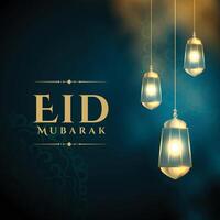 elegante eid Mubarak cumprimento cartão com suspensão brilhando lanterna vetor