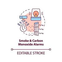 ícone do conceito de alarmes de fumaça e monóxido de carbono. ilustração de linha fina de ideia abstrata de alarme de combinação. detecção de sensor de incêndio e gás. desenho de cor de contorno isolado vetor. curso editável vetor