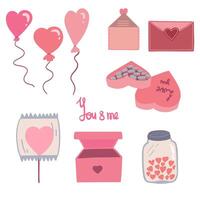 dia dos namorados dia plano Projeto conjunto com balões cartas e chocolates vetor