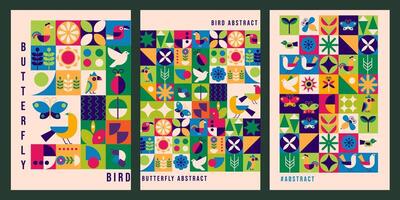 geométrico moderno poster. abstrato pássaros borboletas dentro plano minimalista estilo. bauhaus. vetor