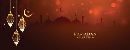 Ramadã kareem tradicional festival bandeira com suspensão lâmpadas vetor