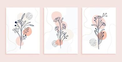 design de cartaz de flores e folhas de arte de linha mínima vetor