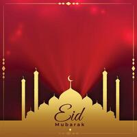 eid Mubarak religioso cartão com mesquita e luz efeito vetor