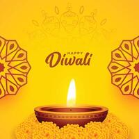 amarelo diwali cartão com diya e calêndula flores decoração vetor