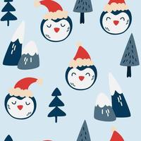 pinguim bonito enfrenta padrão sem emenda. fundo de inverno com montanhas de pinguins e árvores de Natal. padrão de ano novo para design sobre um tema de natal. impressão para têxteis, papel de parede. vetor