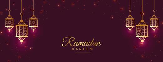 lindo banner de celebração do ramadan kareem com decoração de lâmpadas vetor