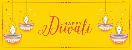 mão desenhado feliz diwali amarelo decorativo bandeira vetor