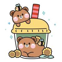 fofa Urso de pelúcia Urso dentro verde chá sabor bebida com girassol e abelha em branco plano de fundo.selvagem animal personagem desenho animado desenho.mão desenhada.doce.bebida.kawaii.vetor.ilustração. vetor