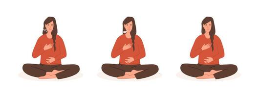 conjunto do ioga posturas. jovem fêmea fazendo abdominal exercício. mulher exalando e inalando. profundo barriga respiração prática. meditação, diafragma respirando, pranayama ioga. vetor plano estilo ilustração