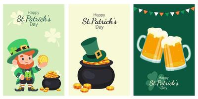 st. patrick dia cartazes coleção. uma conjunto do vetor ilustrações, cartazes, convites, cartões postais. duende, moeda, ouro, Panela, Cerveja caneca, triliário, leproso chapéu