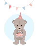 uma fofa Urso de pelúcia Urso detém uma aniversário bolo dentro Está patas. vetor ilustração em uma branco fundo.