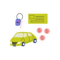 conjunto do automóvel veículo e chaves, dinheiro e cartão para renda transporte vetor