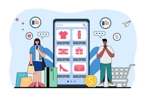 conectados compras conceito com clientes e aplicativo tela pró vetor