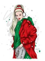 linda garota com roupas elegantes de inverno. ano novo e natal. moda e estilo. vetor