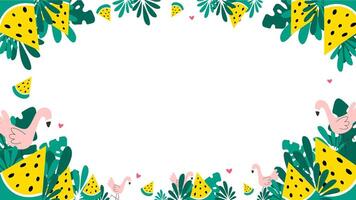 verão branco fundo decorado com amarelo melancias, tropical plantas, flamingos, corações e ponto plano vetor ilustração. fundo Projeto para local na rede Internet dentro verão tema