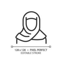 abaya muçulmano mulher linear ícone. islâmico hijab fêmea. tradicional lenço de cabeça cobrir. histórico religioso estilo. fino linha ilustração. contorno símbolo. vetor esboço desenho. editável acidente vascular encefálico