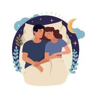 a plano ilustração jovem casal dormindo dentro a noite. gráfico logotipo para dormir tim vetor