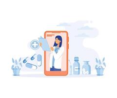 Smartphone tela com uma fêmea doutor. conectados médico Serviços, consulta e telemedicina conceito. plano vetor moderno ilustração