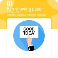 homem mostrando papel texto boa ideia premium ilustração com estilo simples, isolado no fundo branco. ilustração de desenho vetorial simples mão segurando cartaz, modelo de design de símbolo de conceito de negócio vetor