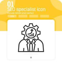 ícone especialista em SEO com estilo de contorno isolado no fundo branco. ilustração vetorial conceito de ícone de símbolo de sinal especialista em seo para web design, interface do usuário, ux, site, logotipo, online, tecnologia e aplicativos vetor