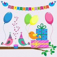 cartão de aniversário de vetor com pássaros bonitos