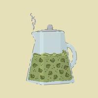 chá verde de ervas em um bule. um vaso de vidro com folhas verdes e uma decocção. bule de cartaz dos desenhos animados com a hora do chá. ilustração vetorial desenhada à mão. ilustração vetorial vetor