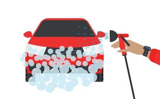 banner para lavagem de carros. homem lavando ilustração vetorial de carro. conceito de lavagem de carro com carro esportivo vermelho. ilustração vetorial vetor