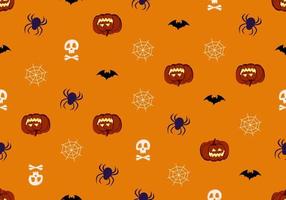padrão sem emenda brilhante com abóboras, crânios e aranhas. decoração festiva de outono para o halloween. feriado fundo de outubro para impressão em papel, têxteis e design vetor